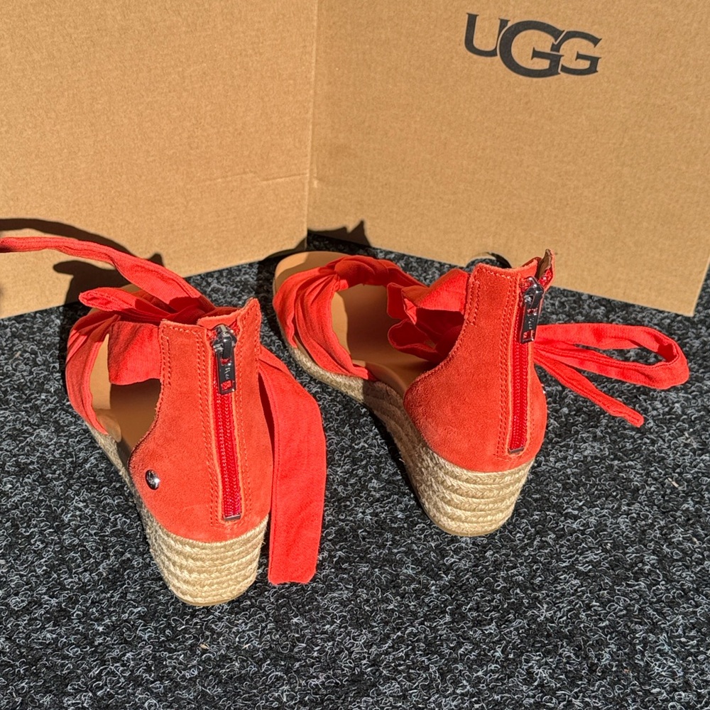 UGG Yarrow Espadrille Wedge Sandal Coral Suede Ankle Tie - Picture 6 of 14